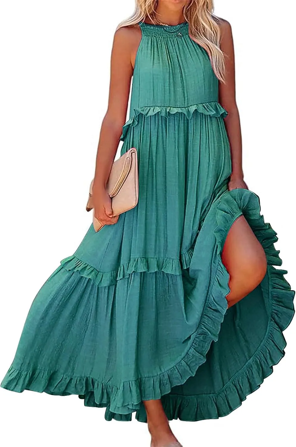 Women's Summer Sleeveless Halter Neck Ruffle Tiered Layed Chiffon Flowy Swing Long Midi Dress Ruffles Casual Boho Maxi Dress