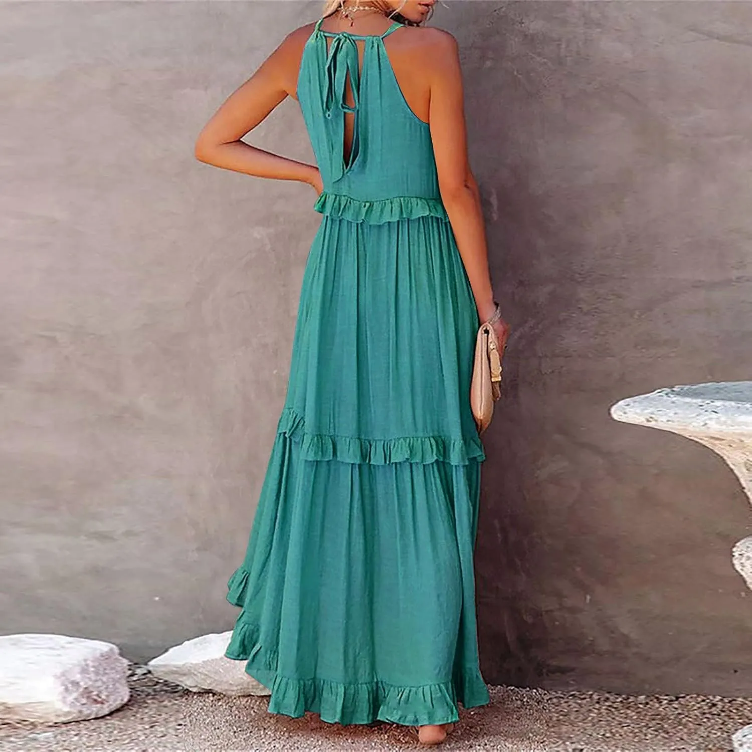 Women's Summer Sleeveless Halter Neck Ruffle Tiered Layed Chiffon Flowy Swing Long Midi Dress Ruffles Casual Boho Maxi Dress