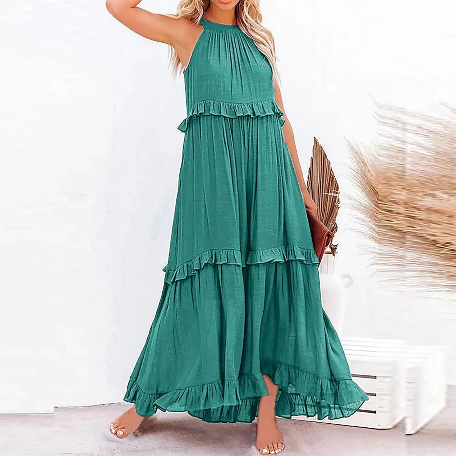 Women's Summer Sleeveless Halter Neck Ruffle Tiered Layed Chiffon Flowy Swing Long Midi Dress Ruffles Casual Boho Maxi Dress