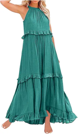 Women's Summer Sleeveless Halter Neck Ruffle Tiered Layed Chiffon Flowy Swing Long Midi Dress Ruffles Casual Boho Maxi Dress