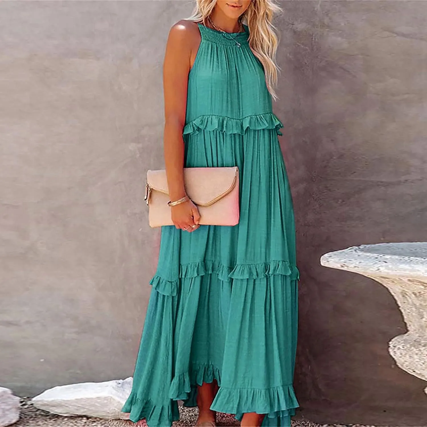 Women's Summer Sleeveless Halter Neck Ruffle Tiered Layed Chiffon Flowy Swing Long Midi Dress Ruffles Casual Boho Maxi Dress