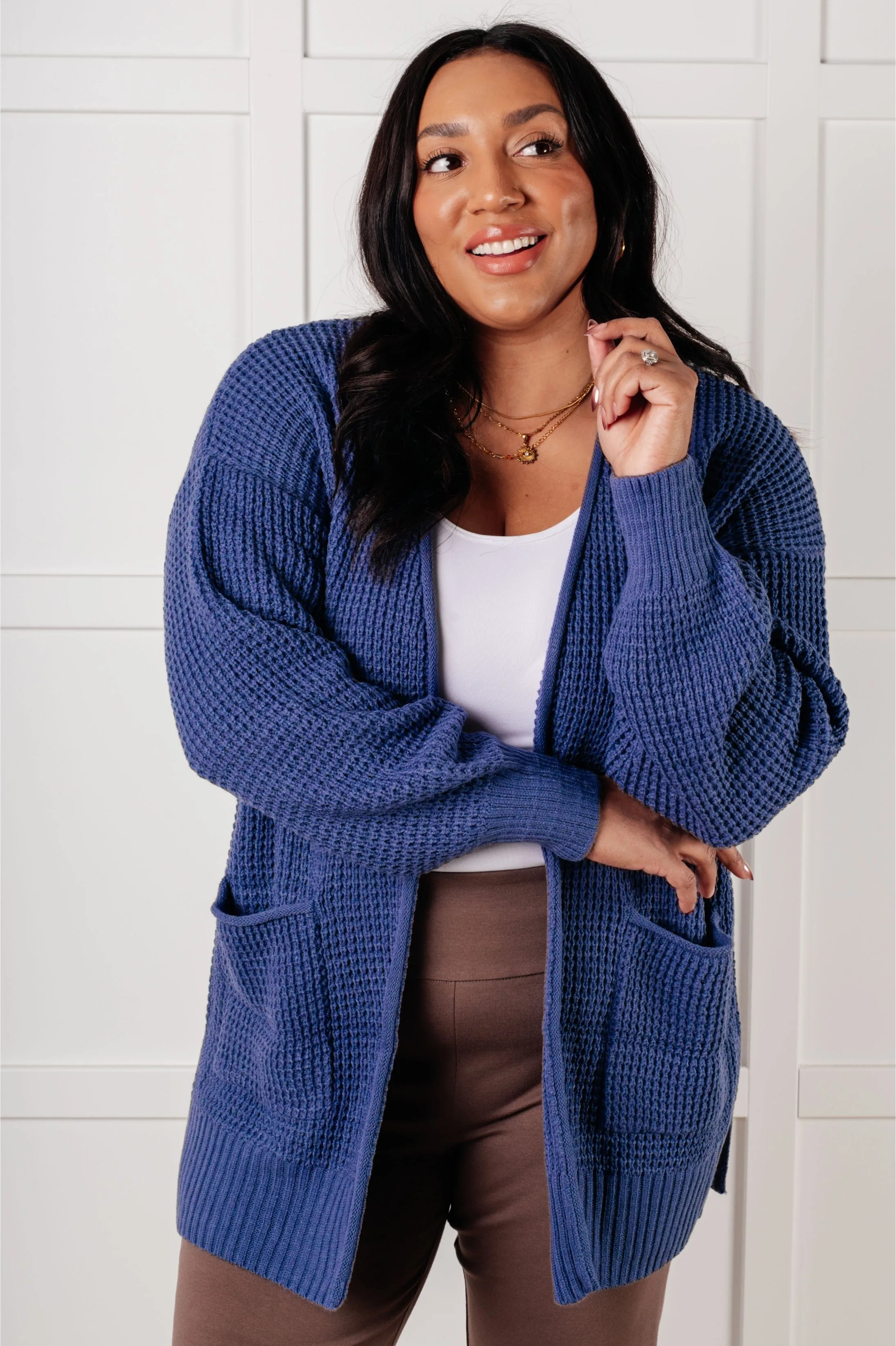 Zenana Everything Layer Waffle Knit Open Front Cardigan in Marlin