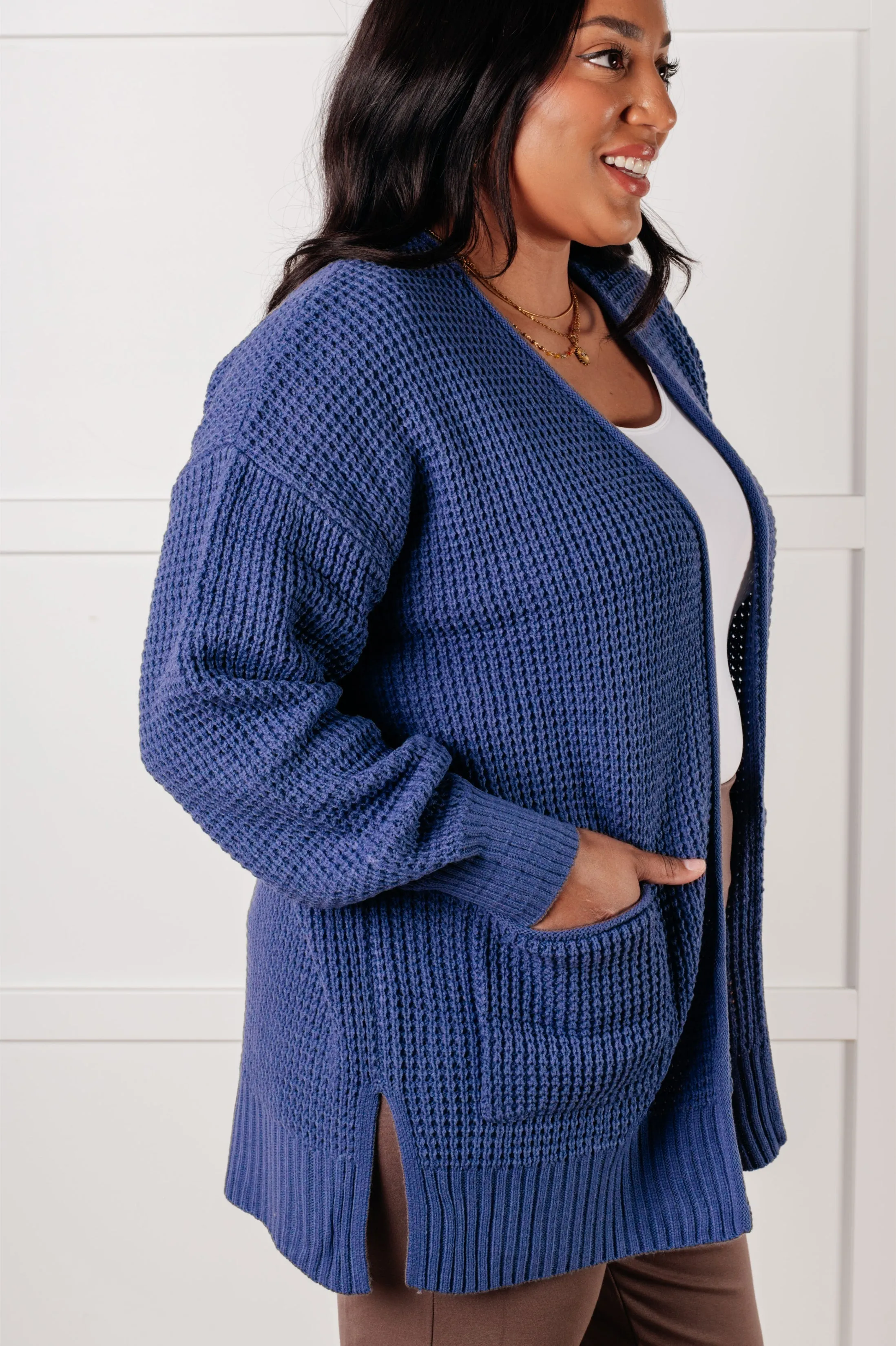Zenana Everything Layer Waffle Knit Open Front Cardigan in Marlin